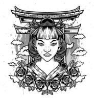 ilustración vector geisha mujer con Rosa flores y torii puerta, aislado diseño.