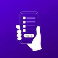 Online voting vector icon with a phone in hand