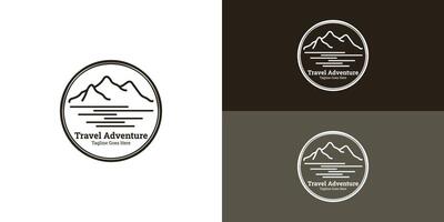 Mountain, Sea, and Sun illustration in retro stamp shape with classic black color isolated in multiple background colors. The logo is suitable for Hipster Adventure Traveling logo design inspiration. vector