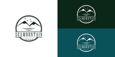 Hawaii Island with Mountain and Sea illustration with retro stamp logo in deep green color isolated on multiple background colors. The logo is suitable for outdoor travel adventure icon logo design vector