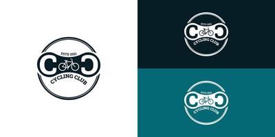 Clásico retro sello hipster andar en bicicleta ciclismo club logo en profundo azul color aislado en múltiple antecedentes colores. el logo es adecuado para ciclismo club o ciclismo negocio icono logo diseño inspiración vector