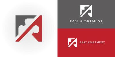 Abstract initial letter EA or AE logo in a rectangle shape and red-grey color isolated on multiple background colors. The logo is suitable for real estate and apartment business logo design template vector
