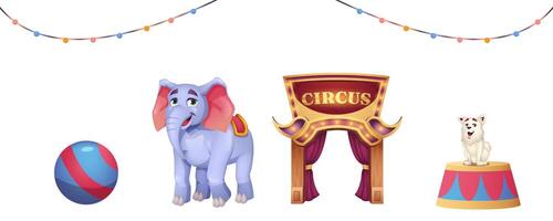 Cartoon set of circus elements with animals and entrance to cirque isolated on white background. Round stage with dog, elephant with ball and lighting garland for funny performance or carnival show vector