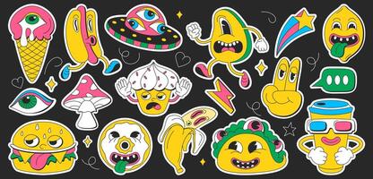 psicodélico dibujos animados maravilloso pegatina conjunto con retro surrealista elementos. de moda caracteres con gracioso caras. hippy símbolos en contemporáneo diseño en negro antecedentes. rápido alimento, ojos y loco íconos vector