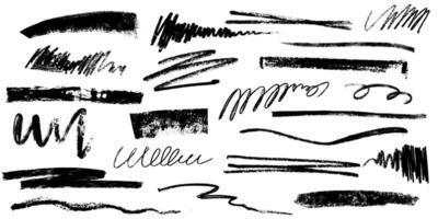 Hand drawn charcoal pencil lines, smears and squiggles set. Scribble black strokes, curly scribbles. Grungy graphite pen art brushes, textured doodle freehand chalk drawing line stripes and waves vector