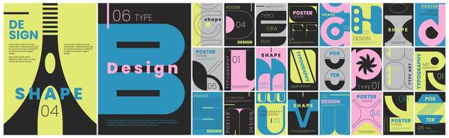Posters or banners collection of brutalism modern font type. Aesthetics latin alphabet in brutal style. Set of geometric capital letters of abstract vintage shapes in square for cover design vector