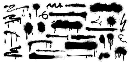 Black spray paint drips, lines and ink splatters with graffiti effect. Set of brush stains, blobs, inky stripes, grunge dots, arrow. Vector design elements for street art isolated on white background