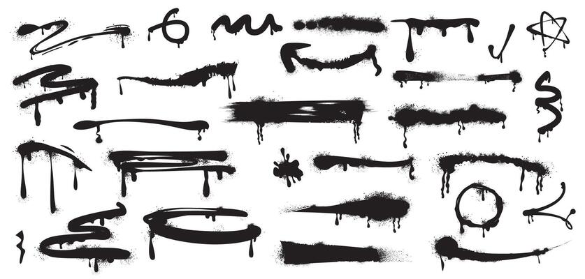 Set of black spray paint drips, abstract lines and ink splatters. Arrow, inky blots with graffiti grunge texture. Strokes, brush stains with spatter and drops. Vector design elements in street style