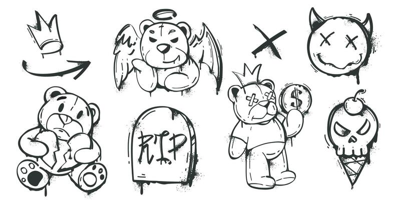 Vector set of black spray paint with bears, crown, skull, devil, arrow and cross symbols. Street art design elements and characters with drips and splatter with graffiti effect in urban style.