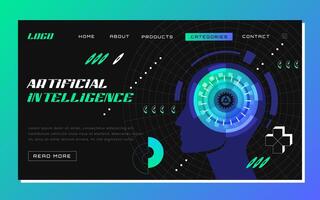 Futuristic artificial intelligence in data analysis concept. Machine learning landing page. Web banner design with ai cyber face profile. Website template of digital innovation and ai technology vector