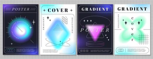 Trendy modern gradient posters with blurred geometric shapes. Blurry aura aesthetic abstract graphic elements collection of different forms. Flyers set of design element with defocus effect vector