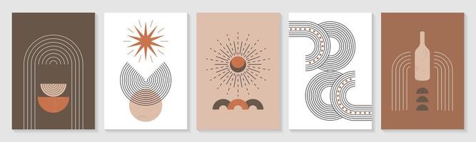 Zen arch poster set. Modern boho linear geometric shapes, lines, simple figures in pastel colors. Vector minimalist abstract wall art contemporary elements, golden sun in trendy minimal bohemian style