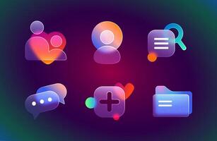 Realistic set of glassmorphism ui icons for website or mobile app. Vector illustration of contact, folder, search, chat, add and user glass morphism effect design elements, buttons with blur gradient