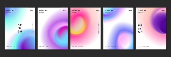 Fluid gradient backgrounds with radial blur neon effect. Set of covers design template with blurred glowing circles and iridescent color gradation. Posters or flyers with abstract glow circular stains vector