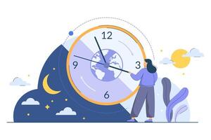 Circadian rhythm concept with tiny woman. Human biological clock to regulate sleep wake and day night cycle. Routine, morning to evening changes, planet movement around sun. Body natural daily rhythms vector