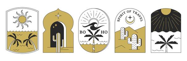 boho logo con cactus, desierto, palma árbol, montaña paisajes, luna, Dom. vector bohemio emblemas o arco fronteras conjunto en de moda estilo. moderno mínimo lineal insignias o marcos con verano línea elementos