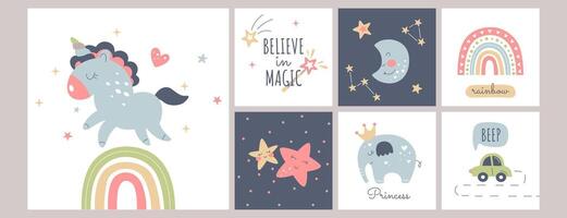 Cute boho baby posters in Scandinavian style. Bohemian nursery cards with unicorn, rainbow, stars, moon, car and elephant animal. Vector print decor for kids bedroom. Newborn wall art sleep collection