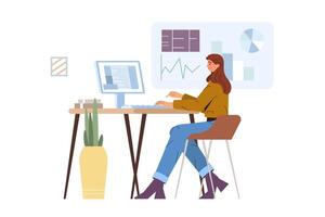 Flat business young woman working at office desk. Worker sitting at the table with computer and analyzing statistical information, charts and graphs. Digital data analysis and statistical concept vector