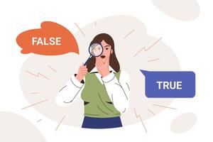 Woman choose option between false and true in speech bubbles flat vector illustration. Astonished girl looking through magnifying glass and comparing untruth and honest. Woman doubting and thinking