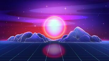 Retro futuristic landscape with neon sunset, star sky, mountains on wireframe background. Vector illustration of 80s sci fi matrix landscape with laser grid perspective in vaporwave or synthwave style