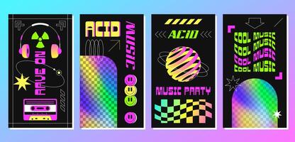 Rave posters for acid techno party or electronic music festival. Surreal vector illustration in psychedelic style. Flyers with abstract geometric shapes, disco elements and holographic rainbow frame