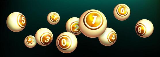 Realistic golden lottery ball on dark background. Gold balls with numbers of winning combination for gambling game. Collection glossy spheres for lotto, kenny and bingo vector