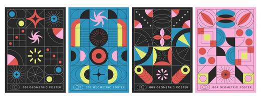 Modern aesthetics geometric posters with abstract futuristic shapes. Cover set with trendy prints in brutalist style. Vector flyers collection with colorful graphic elements of bauhaus, simple figures