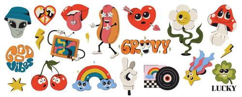 Retro colorful stickers with funny comic characters. Groovy hippie 70s set in vintage style. Psychedelic design elements. Cartoon rainbow, flower, heart, rainbow, peace, cherry, alien and mushroom vector