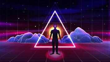 Retro futuristic background for game with neon triangle, man, sun, mountains, sky with stars, laser 3d grid technology landscape wireframe. Music cover illustration in vaporwave or 80s synthwave style vector