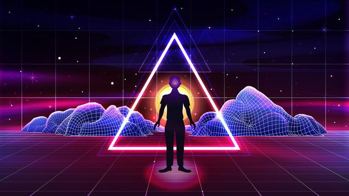 Retro futuristic landscape with neon sunset, star sky