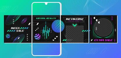 Retro futuristic instagram post carousel design template with abstract 3d geometric wireframe shapes, grids. Social media banners. Mobile application screens with graphic elements for sale advertising vector