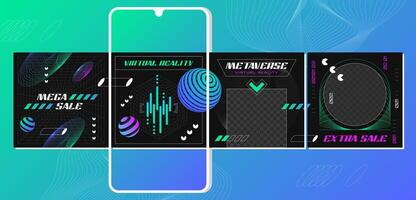 retro futurista instagram enviar carrusel diseño modelo con resumen 3d geométrico estructura metálica formas, rejillas social medios de comunicación pancartas móvil solicitud pantallas con gráfico elementos para rebaja publicidad vector