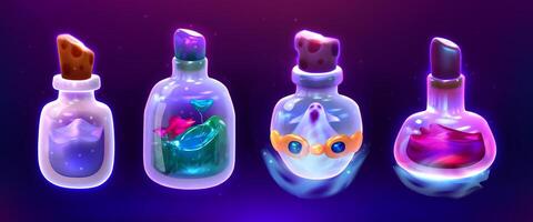 Magic potions in glass bottles with corks. Game props cartoon vector set. Liquid poisons or witchcraft accessories on dark background. Elixir of life, alchemy vials different color, substance inside