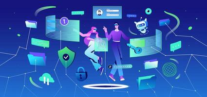 Metaverse cybersecurity. Flat people in VR headset glasses and ai robot solve problem of data privacy. Data protection. Characters floating in futuristic space and reducing risk of cyberattacks vector