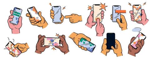 Vector doodle set of human hand with phone isolated on white background. Person holding smartphone. Diverse people hands using mobile devices. Gadget users touching or scrolling. Online communication