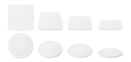 White paper coasters for beer mug. Vector realistic mockup of blank square and circle beermat in top view. Bierdeckel for cup or cardboard mat different shapes and angles isolated on white background