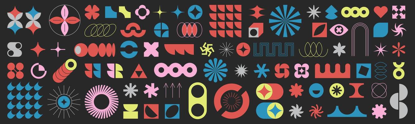 Set of colorful brutalist geometric shapes. Trendy minimalist figures, flower, circle, stars and abstract bauhaus forms. Retro futuristic simple basic form elements, contemporary symbol, sparkle icons