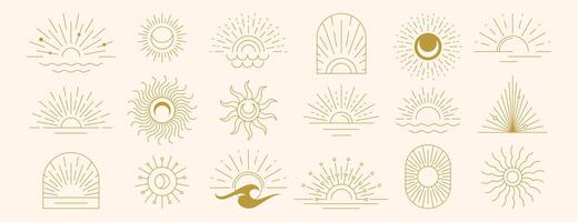 Vector set of linear boho moon, sunset and light rays. Hand drawn sunburst, golden outline sun line art icons in minimal bohemian style. Mystic magic esoteric symbols, celestial logo design elements