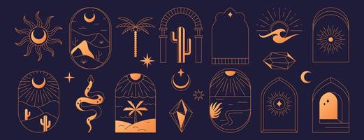 boho logo colocar. bohemio místico línea iconos sencillo mano dibujado arco magia esotérico símbolos, astrología logotipos, marco diseño plantillas con Desierto paisaje, cactus, sol, luna, cristal, palma y montañas vector