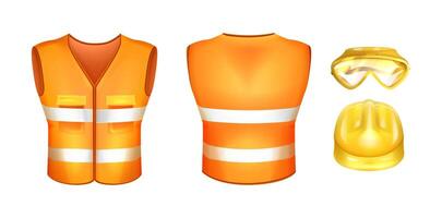 Realistic orange safety vest with reflective stripes and hard hat. Construction helmet and glasses. Personal protective equipment and hi-vis uniform for workers. High visibility uniform with tapes vector