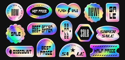 Holographic sticker set. Hologram labels, shine metal badges of different shapes. Colored rainbow shiny emblems on black backround. Gradient sale and discount elements design vector illustration