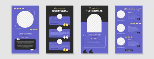 Customer service review template or feedback story template design. Vector set of blue testimonial posts for social media. Web banners of client satisfaction with short quote and star rating