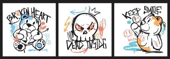 Graffiti posters with spray paint teddy bear and skull in street art style. Covers of slogan print design with color outline bears doll and skeleton with drips, splatters. Hand drawing ink characters vector