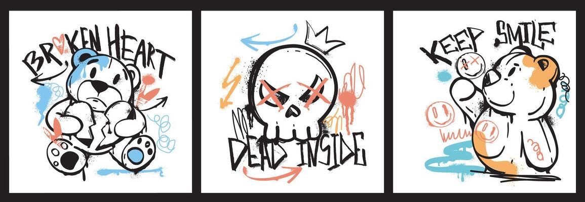 Graffiti posters with spray paint teddy bear and skull in street art style. Covers of slogan print design with color outline bears doll and skeleton with drips, splatters. Hand drawing ink characters