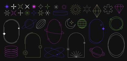 Modern minimalist y2k aesthetic elements set. Simple geometric design shapes, line figures in trendy retro style. Universal star, basic forms, sparks and arch frame with sparkles on black background vector