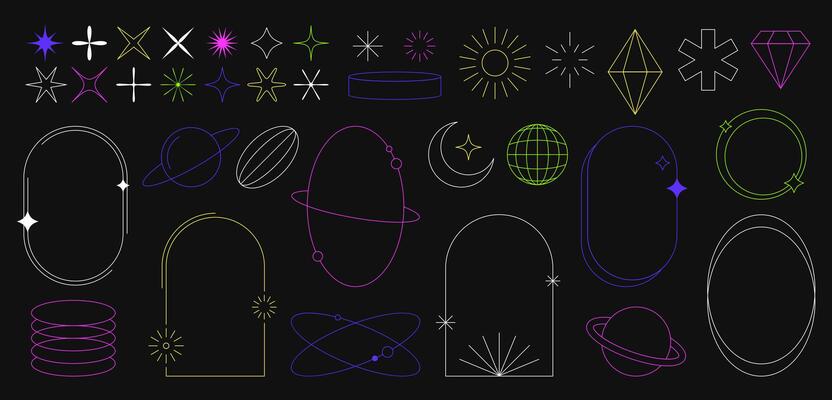 Modern minimalist y2k aesthetic elements set. Simple geometric design shapes, line figures in trendy retro style. Universal star, basic forms, sparks and arch frame with sparkles on black background