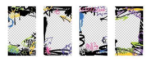 Spray paint borders or frames with graffiti color tags and urban elements with ink drips. Vector set of covers with abstract street art decoration, arrows and icons isolated on transparent background