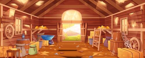 Cartoon abandoned farm barn interior with destroyed floor, walls and spiderweb. Wooden neglected ranch with haystacks, sacks and old agricultural tools. Deserted rustic storehouse building inside view vector