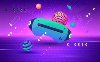 Metaverse concept. VR glasses for gaming with objects floating around on purple background. Virtual reality, future digital technology vector illustration. Futuristic life and modern device