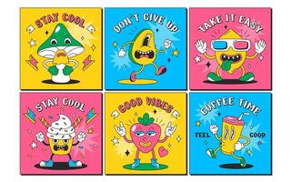 Trendy psychedelic square posters with funny characters. Modern colorful flyers with groovy avocado, heart, mushroom, cupcake and coffee cup. Cartoon cards design elements with comic faces. Stay cool vector